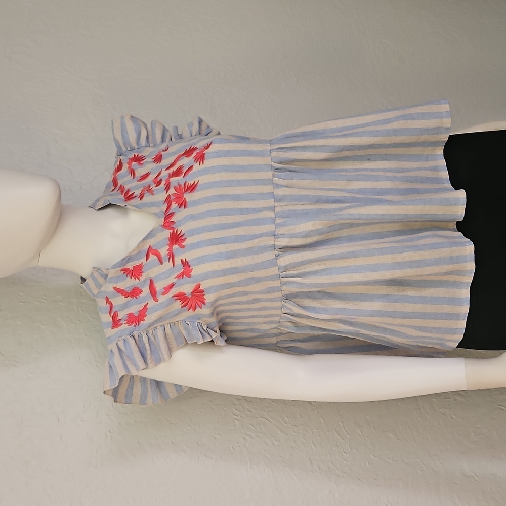 KINDRED Striped Ruffle Sleeve Floral Embroidered Peasant Peplum Babydoll Top - Picture 2 of 8